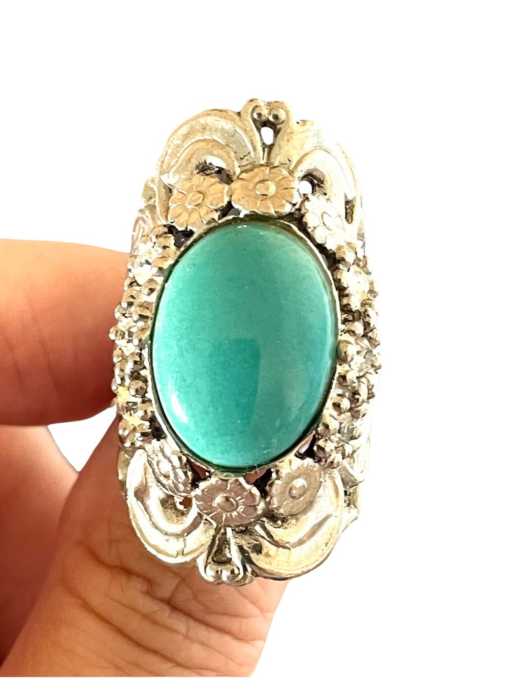Vintage Mid-Century Art Nouveau Revival Faux Turquoise Floral Adjustable Ring